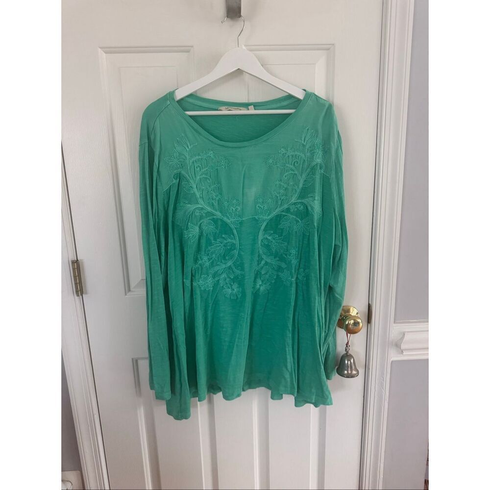 Soft Surroundings Green On Green Embroidered Floral Tunic Blouse sz 3X EUC